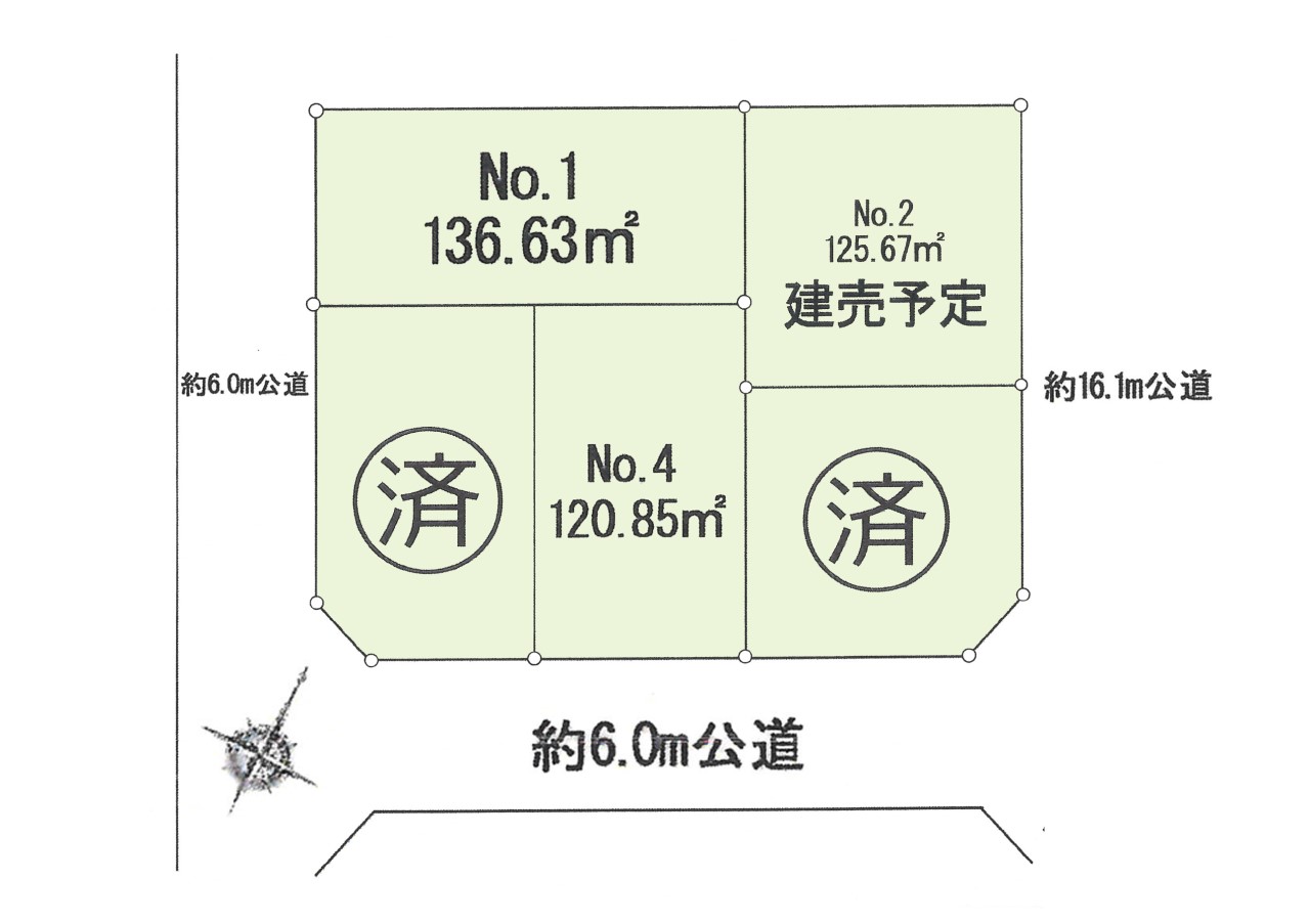 全体区画図-全5区画：南西側道路につき、陽当り良好です！